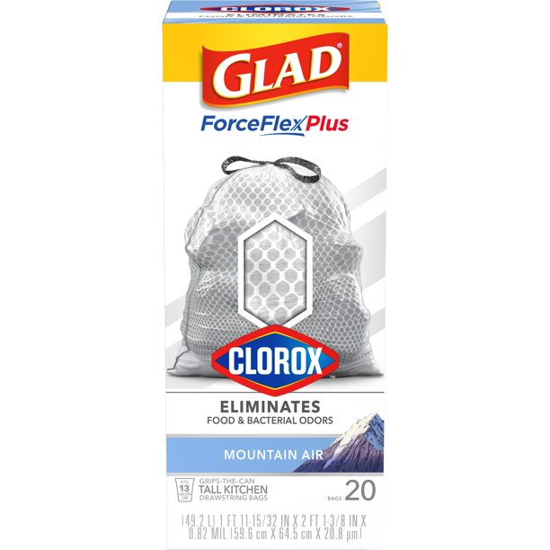  Glad Tall Kitchen Trash Bags ForceFlexPlus With Clorox, 13  Gallon, Mountain Air 90 Count : Health & Household